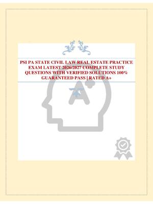 Preview of PSI PA STATE CIVIL LAW REAL ESTATE PRACTICE EXAM LATEST 2026/2027 COMPLETE STUDY QUESTIONS
