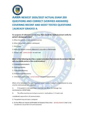 Preview image for AAMA NEWEST 2026/2027 ACTUAL EXAM 200  QUESTIONS AND CORRECT (VERIFIED ANSWERS)  COVERING RECENT AND MOST TESTED QUESTIONS |ALREADY GRADED A+