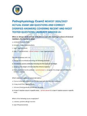 Preview of Pathophysiology Exam2 NEWEST 2026/2027  ACTUAL EXAM 180 QUESTIONS AND CORRECT  (VERIFIED A