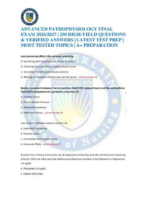 Preview of ADVANCED PATHOPHYSIOLOGY FINAL EXAM 2026/2027 | 250 HIGH-YIELD QUESTIONS & VERIFIED ANSWER