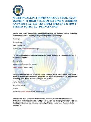 Preview of NIGHTINGALE PATHOPHYSIOLOGY FINAL EXAM 2026/2027 | 75 HIGH-YIELD QUESTIONS & VERIFIED ANSW