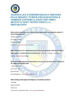 Preview of NIGHTINGALE PATHOPHYSIOLOGY MIDTERM EXAM 2026/2027 | 75 HIGH-YIELD QUESTIONS & VERIFIED AN