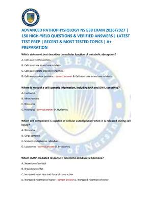 Preview of ADVANCED PATHOPHYSIOLOGY NS 838 EXAM 2026/2027 | 150 HIGH-YIELD QUESTIONS & VERIFIED ANSWE