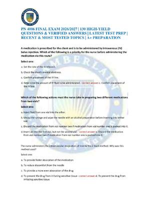Preview of **PN 4006 FINAL EXAM 2026/2027 | 130 HIGH-YIELD QUESTIONS & VERIFIED ANSWERS | LATEST TEST