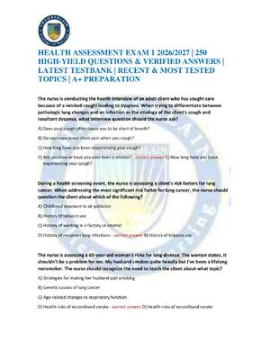 Preview of HEALTH ASSESSMENT EXAM 1 2026/2027 | 250 HIGH-YIELD QUESTIONS & VERIFIED ANSWERS | LATEST