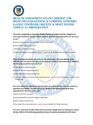 Preview of HEALTH ASSESSMENT EXAM 2 2026/2027 | 250 HIGH-YIELD QUESTIONS & VERIFIED ANSWERS | LATEST