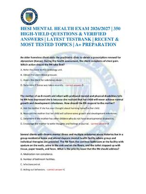 Preview of HESI MENTAL HEALTH EXAM 2026/2027 | 350 HIGH-YIELD QUESTIONS & VERIFIED ANSWERS | LATEST T
