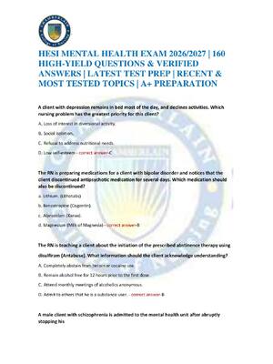 Preview of HESI MENTAL HEALTH EXAM 2026/2027 | 160 HIGH-YIELD QUESTIONS & VERIFIED ANSWERS | LATEST T