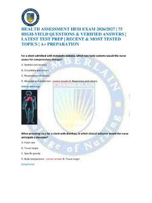 Preview of HEALTH ASSESSMENT HESI EXAM 2026/2027 | 75 HIGH-YIELD QUESTIONS & VERIFIED ANSWERS | LATES