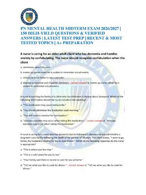Preview of PN MENTAL HEALTH MIDTERM EXAM 2026/2027 | 150 HIGH-YIELD QUESTIONS & VERIFIED ANSWERS | LA