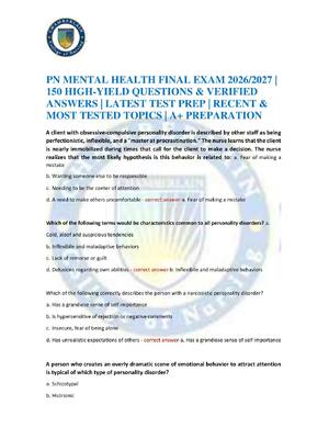 Preview of PN MENTAL HEALTH FINAL EXAM 2026/2027 | 150 HIGH-YIELD QUESTIONS & VERIFIED ANSWERS | LATE