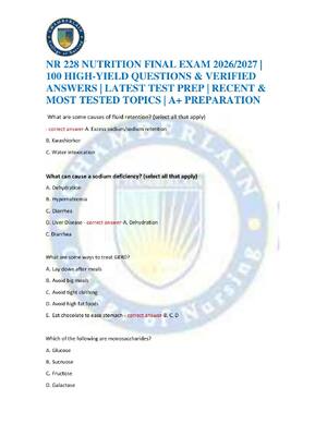 Preview of NR 228 NUTRITION FINAL EXAM 2026/2027 | 100 HIGH-YIELD QUESTIONS & VERIFIED ANSWERS | LATE