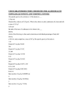 Preview image for CHEM 1406 (INTRODUCTORY CHEMISTRY FOR ALLIED HEALTH EMPHASIS) QUESTIONS AND VERIFIED ANSWERS