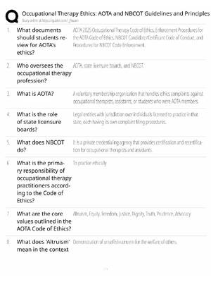 Preview of OT Ethics Study Guide / AOTA & NBCOT Guidelines and Principles / Score 100% / 2025 Update