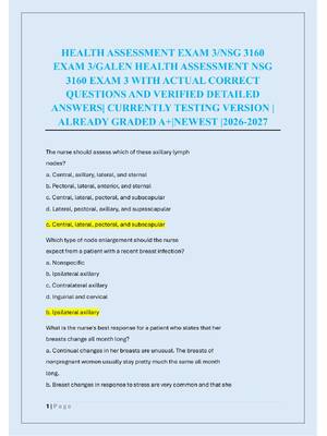 Preview of HEALTH ASSESSMENT EXAM 3/NSG 3160  EXAM 3/GALEN HEALTH ASSESSMENT NSG  3160 EXAM 3