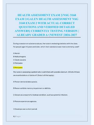 Preview of HEALTH ASSESSMENT EXAM 2/NSG 3160  EXAM 2/GALEN HEALTH ASSESSMENT NSG  3160 EXAM 2