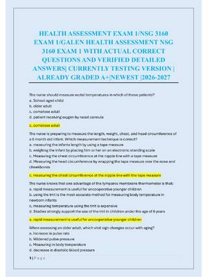 Preview of HEALTH ASSESSMENT EXAM 1/NSG 3160  EXAM 1/GALEN HEALTH ASSESSMENT NSG  3160 EXAM 1