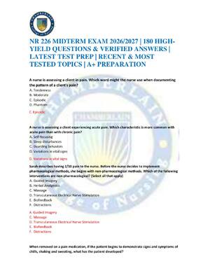 Preview image for NR 226 MIDTERM EXAM 2026/2027 | 180 HIGH-YIELD QUESTIONS & VERIFIED ANSWERS | LATEST TEST PREP | RECENT & MOST TESTED TOPICS | A+ PREPARATION