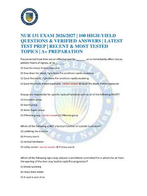 Preview of NUR 131 EXAM 2026/2027 | 100 HIGH-YIELD QUESTIONS & VERIFIED ANSWERS | LATEST TEST PREP |