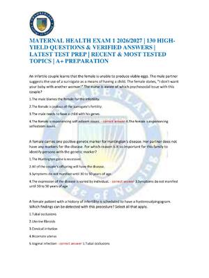 Preview image for MATERNAL HEALTH EXAM 1 2026/2027 | 130 HIGH-YIELD QUESTIONS & VERIFIED ANSWERS | LATEST TEST PREP | RECENT & MOST TESTED TOPICS | A+ PREPARATION
