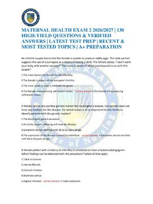Preview image for MATERNAL HEALTH EXAM 2 2026/2027 | 130 HIGH-YIELD QUESTIONS & VERIFIED ANSWERS | LATEST TEST PREP | RECENT & MOST TESTED TOPICS | A+ PREPARATION