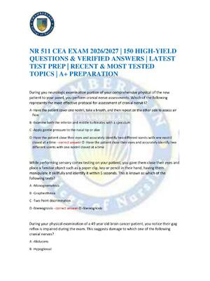 Preview of NR 511 CEA EXAM 2026/2027 | 150 HIGH-YIELD QUESTIONS & VERIFIED ANSWERS | LATEST TEST PREP