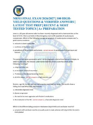 Preview of NR511 FINAL EXAM 2026/2027 | 100 HIGH-YIELD QUESTIONS & VERIFIED ANSWERS | LATEST TEST PRE