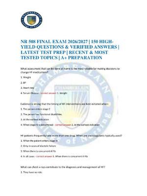 Preview of NR 508 FINAL EXAM 2026/2027 | 150 HIGH-YIELD QUESTIONS & VERIFIED ANSWERS | LATEST TEST PR