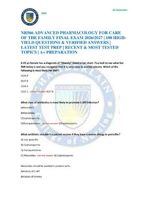 Preview of NR566 ADVANCED PHARMACOLOGY FOR CARE OF THE FAMILY FINAL EXAM 2026/2027 | 100 HIGH-YIELD Q