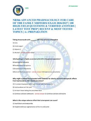 Preview of NR566 ADVANCED PHARMACOLOGY FOR CARE OF THE FAMILY MIDTERM EXAM 2026/2027 | 100 HIGH-YIELD