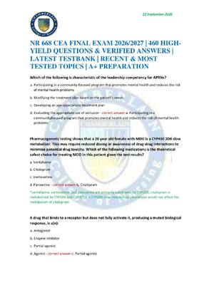 Preview of NR 668 CEA FINAL EXAM 2026/2027 | 460 HIGH-YIELD QUESTIONS & VERIFIED ANSWERS | LATEST TES