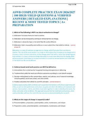 Preview of ASWB COMPLETE PRACTICE EXAM 2026/2027 | 180 HIGH-YIELD QUESTIONS & VERIFIED ANSWERS | DETA