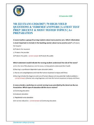 Preview of NR 222 EXAM 4 2026/2027 | 70 HIGH-YIELD QUESTIONS & VERIFIED ANSWERS | LATEST TEST PREP |