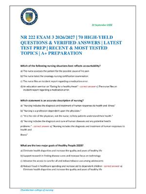 Preview of NR 222 EXAM 3 2026/2027 | 70 HIGH-YIELD QUESTIONS & VERIFIED ANSWERS | LATEST TEST PREP |