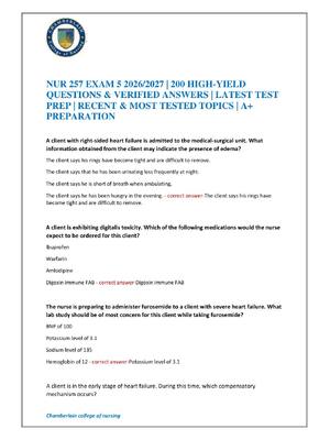 Preview of NUR 257 EXAM 5 2026/2027 | 200 HIGH-YIELD QUESTIONS & VERIFIED ANSWERS | LATEST TEST PREP
