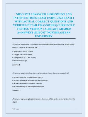 Preview of NRSG 3323 ADVANCED ASSESSMENT AND  INTERVENTIONS EXAM 1/NRSG 3323 EXAM 1