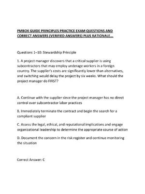 Preview of PMBOK GUIDE PRINCIPLES PRACTICE EXAM QUESTIONS AND CORRECT ANSWERS
