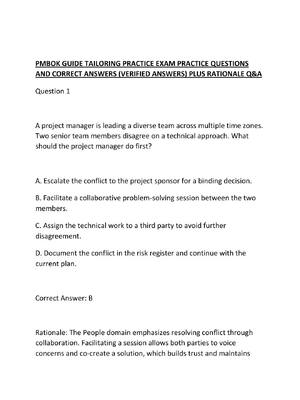 Preview of PMBOK GUIDE TAILORING PRACTICE EXAM PRACTICE QUESTIONS AND CORRECT ANSWERS
