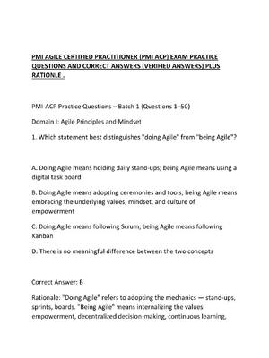 Preview of PMI AGILE CERTIFIED PRACTITIONER (PMI ACP) EXAM PRACTICE QUESTIONS AND CORRECT ANSWERS (VE
