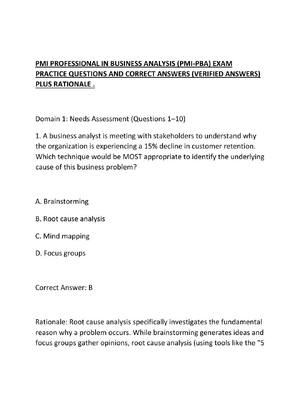Preview of PMI PROFESSIONAL IN BUSINESS ANALYSIS (PMI-PBA) EXAM PRACTICE QUESTIONS AND CORRECT ANSWER