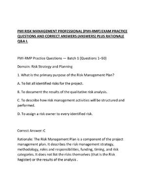 Preview of PMI RISK MANAGEMENT PROFESSIONAL (PMI-RMP) EXAM PRACTICE QUESTIONS AND CORRECT ANSWERS (AN