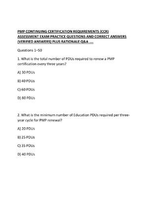 Preview of PMP CONTINUING CERTIFICATION REQUIREMENTS (CCR) ASSESSMENT EXAM PRACTICE QUESTIONS AND COR