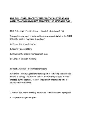 Preview of PMP FULL LENGTH PRACTICE EXAM PRACTICE QUESTIONS AND CORRECT ANSWERS
