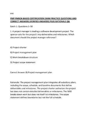 Preview of PMP PMBOK-BASED CERTIFICATION EXAM PRACTICE QUESTIONS AND CORRECT ANSWERS (VERIFIED ANSWER