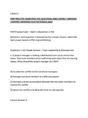 Preview of PMP PRACTICE EXAM PRACTICE QUESTIONS AND CORRECT ANSWERS (VERIFIED ANSWERS) PLUS RATIONALE