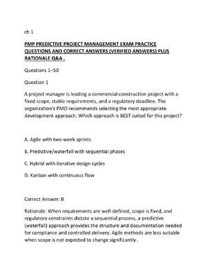 Preview of PMP PREDICTIVE PROJECT MANAGEMENT EXAM PRACTICE QUESTIONS AND CORRECT ANSWERS (VERIFIED AN