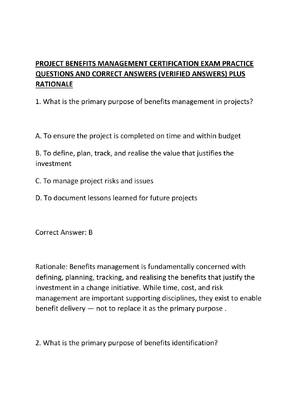 Preview of PROJECT BENEFITS MANAGEMENT CERTIFICATION EXAM PRACTICE QUESTIONS AND CORRECT ANSWERS