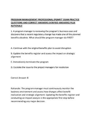 Preview of PROGRAM MANAGEMENT PROFESSIONAL (PGMP)® EXAM PRACTICE QUESTIONS AND CORRECT ANSWERS (VERIF