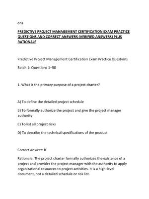 Preview of PREDICTIVE PROJECT MANAGEMENT CERTIFICATION EXAM PRACTICE QUESTIONS AND CORRECT ANSWERS (V