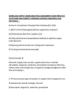 Preview of SCMN 2150 SUPPLY CHAIN ANALYTICS ASSESSMENT EXAM PRACTICE QUESTIONS AND CORRECT ANSWERS